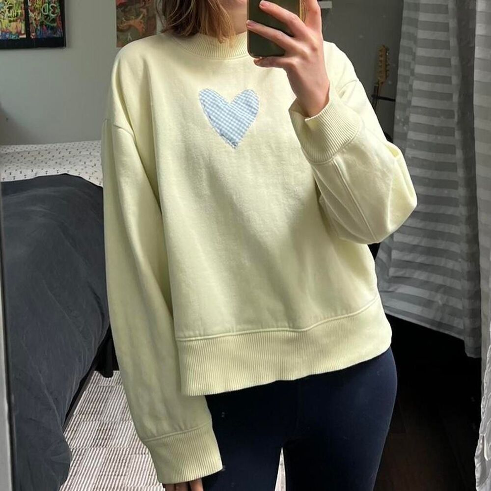 Handmade Upcycled Women's Yellow Crewneck sweatshirt blue gingham heart patch